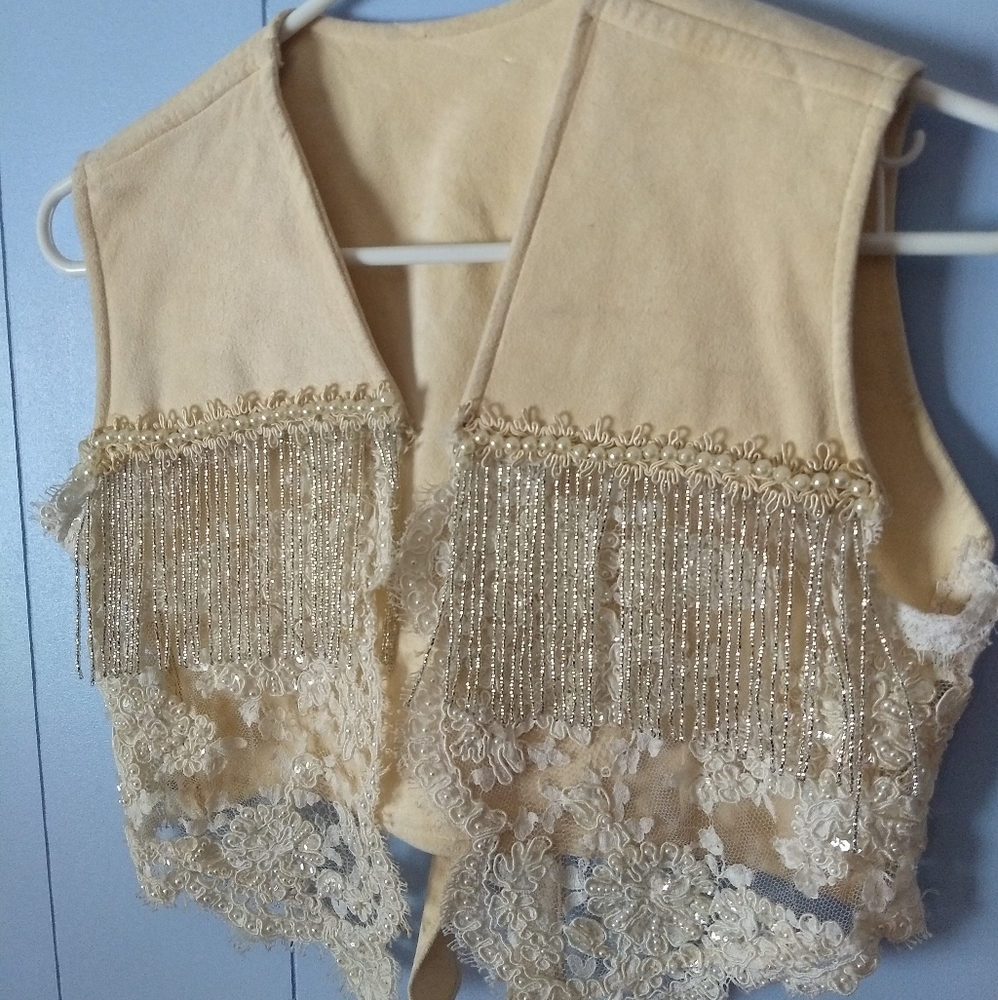 Vtg handmade suede vest pearl & lace embellished